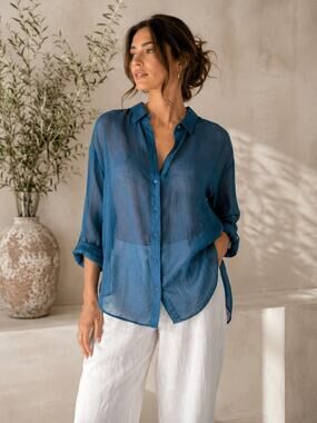 Giada Forte Italy Silk Cotton Sheer Button Front Blouse Blue Size 0 Oversized